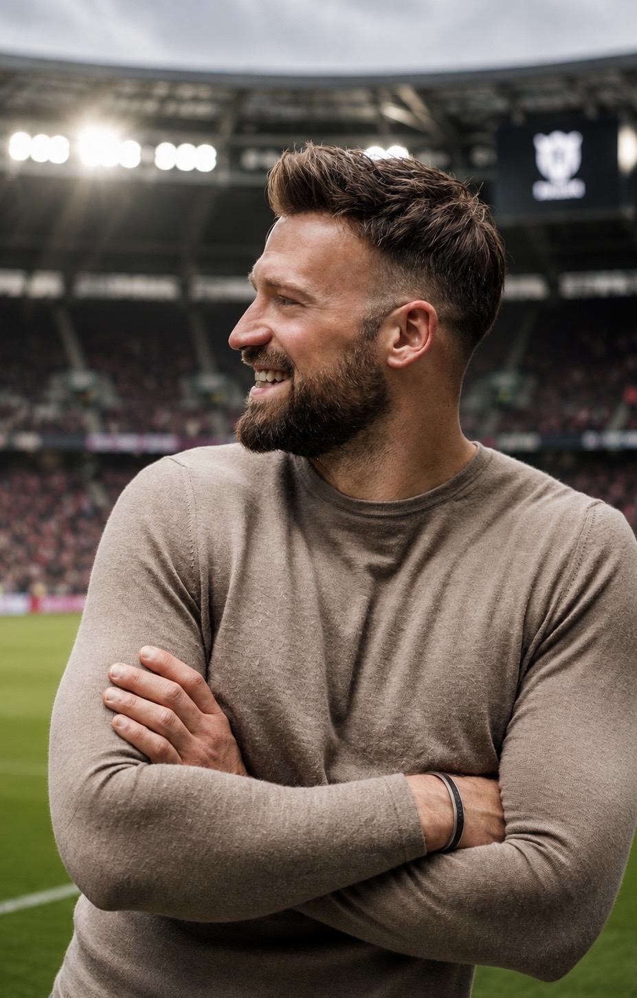 Lennart Müller im Stadion, verschränkte Arme
